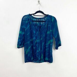 2/$30 Express Medium Womens Blue Watercolor Print Sheer Popover Blouse Top